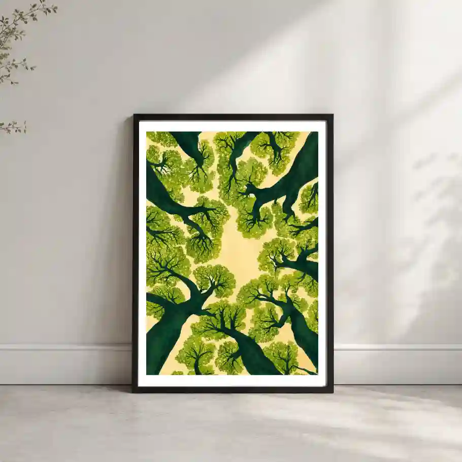 Upward view of tall green trees and leafy canopies against a warm sky mockup