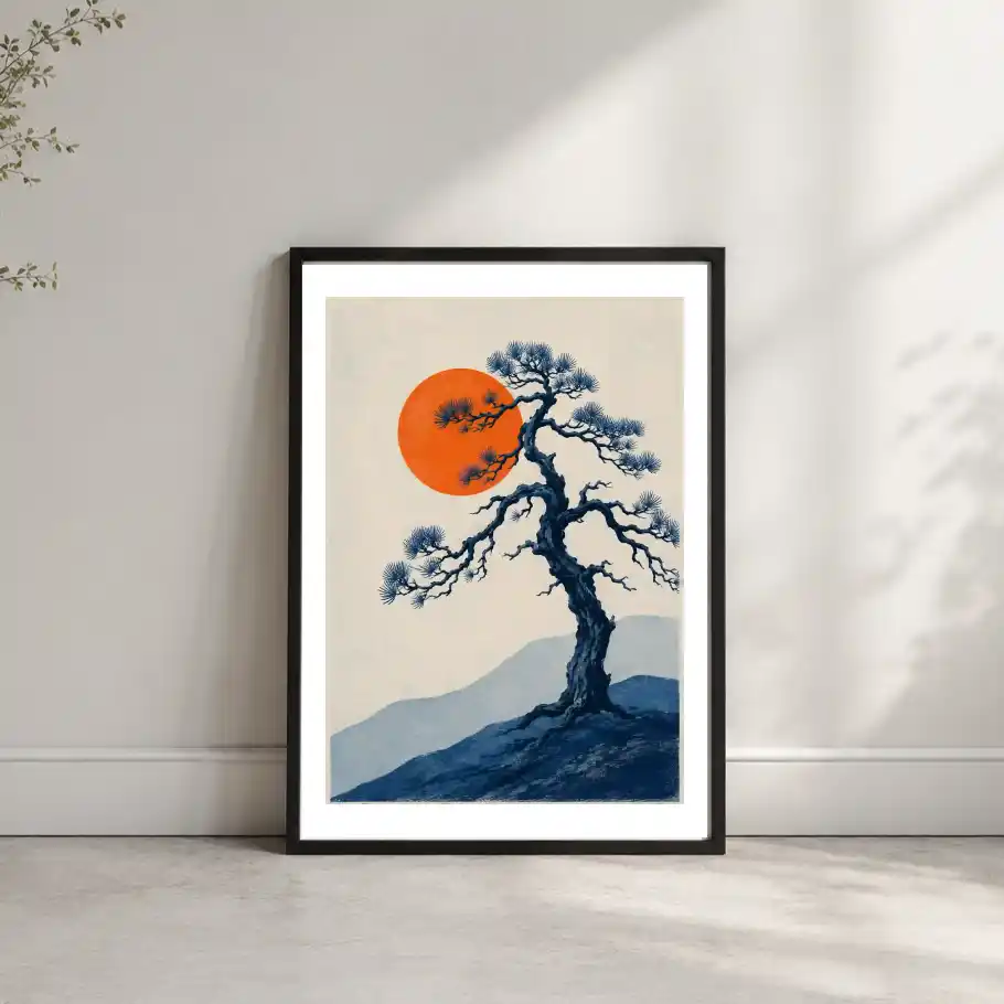 Artistic lone pine tree on a mountain beneath a large orange sun mockup