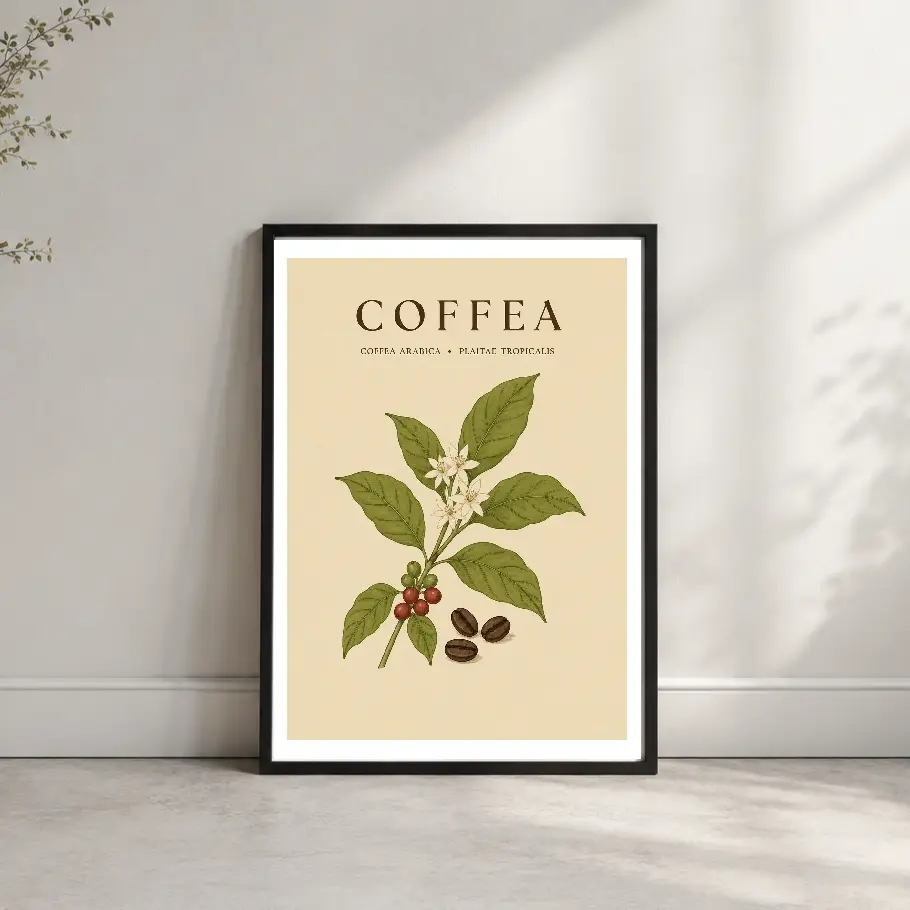 Vintage botanical illustration of an Arabica coffee plant with leaves, flowers, red coffee cherries and roasted beans mockup