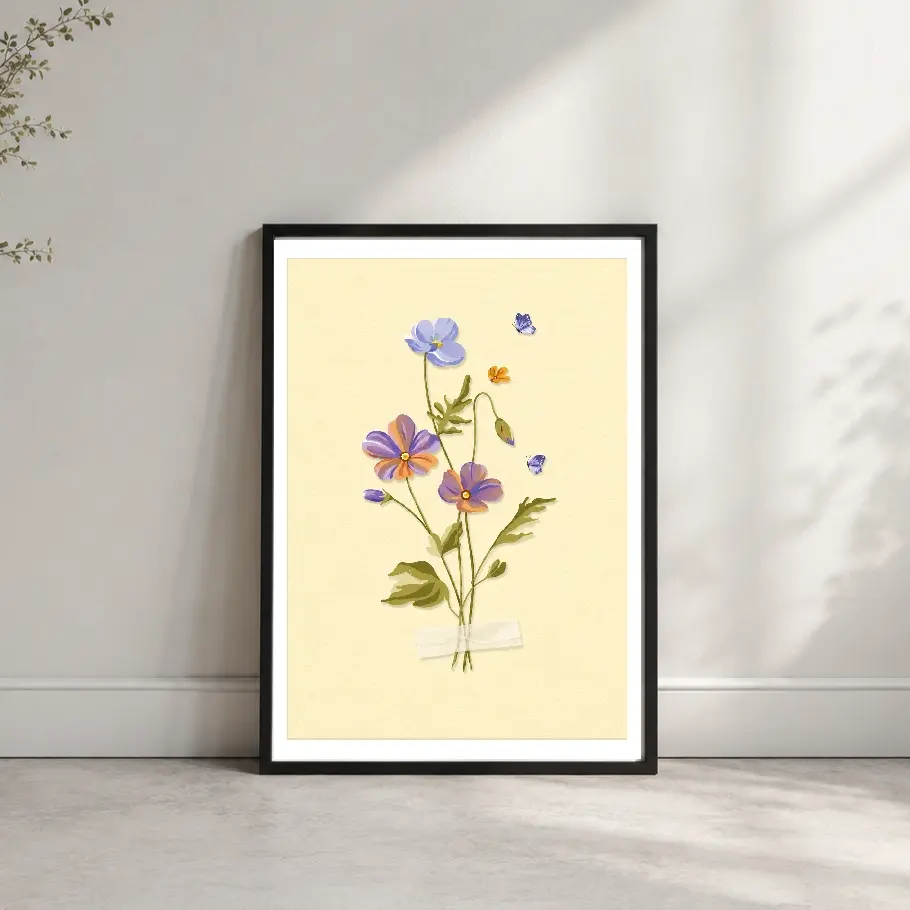 Delicate purple wildflower bouquet with butterflies on a soft yellow background mockup