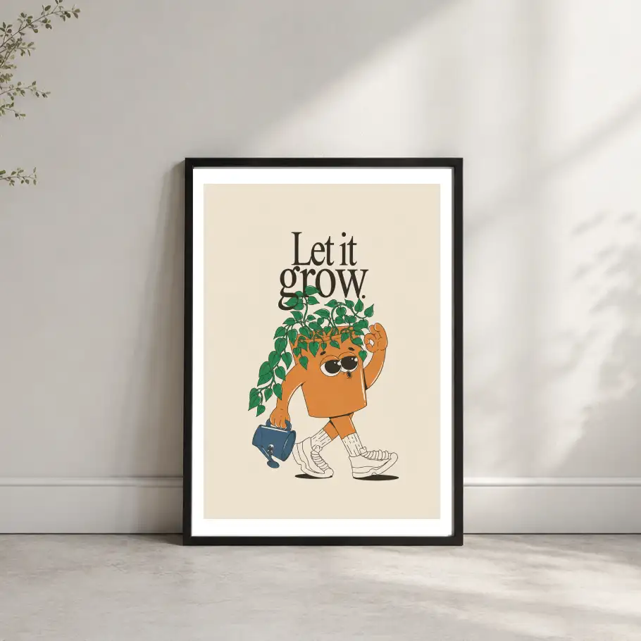 Let It Grow typography poster featuring a playful walking plant pot character carrying a watering can mockup