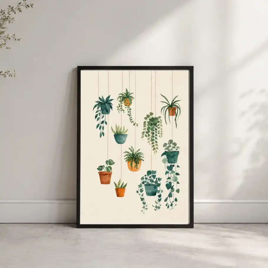 Illustration of assorted green houseplants in colourful hanging pots on a cream background mockup