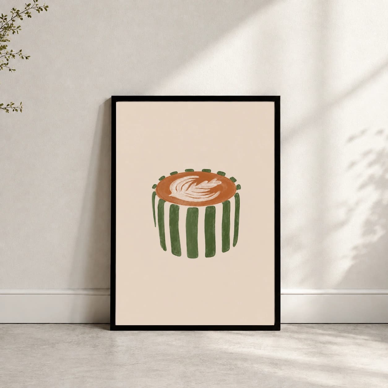 green striped coffee cup filled with latte art mockup