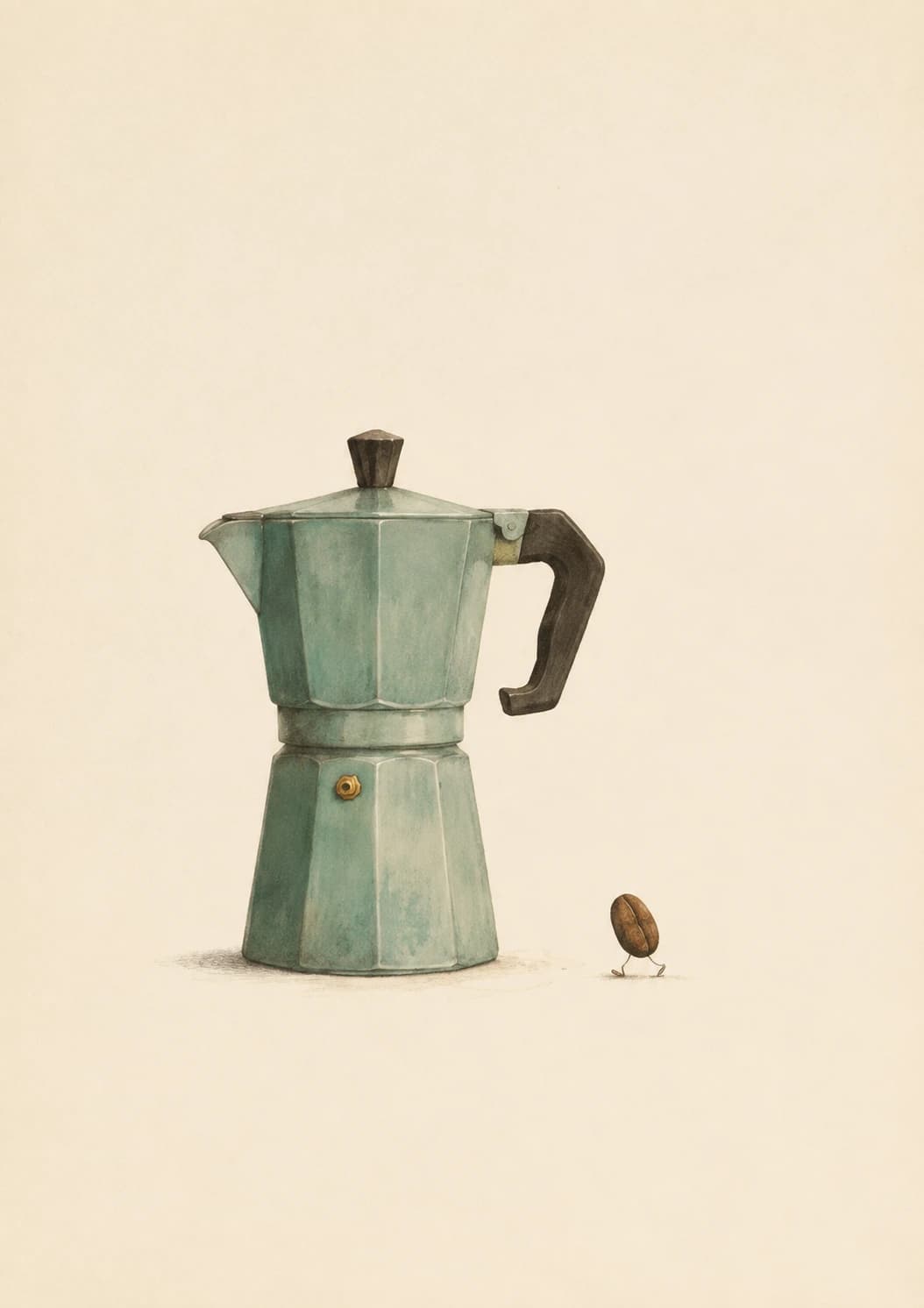 Vintage sage-green moka pot beside a tiny walking coffee bean on a cream background