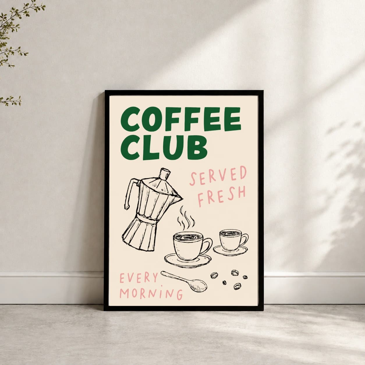 Vintage Coffee Club poster featuring a moka pot, two coffee cups, a spoon and scattered coffee beans mockup