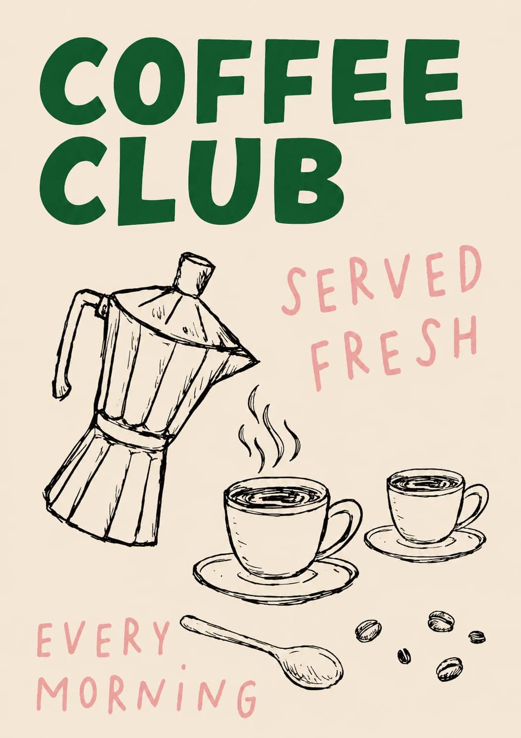 Vintage Coffee Club poster featuring a moka pot, two coffee cups, a spoon and scattered coffee beans