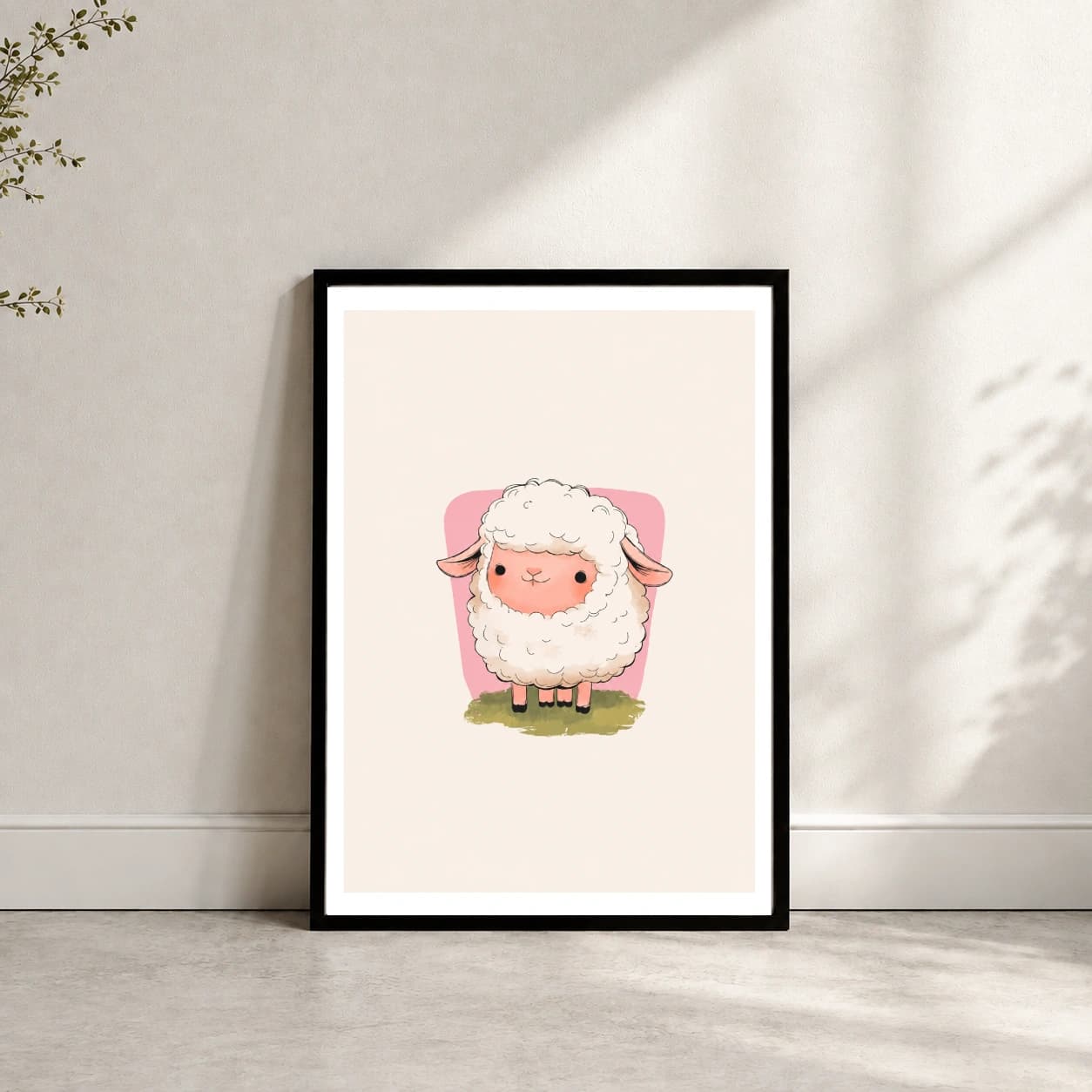 Cute fluffy white baby sheep with a pink face standing on grass mockup
