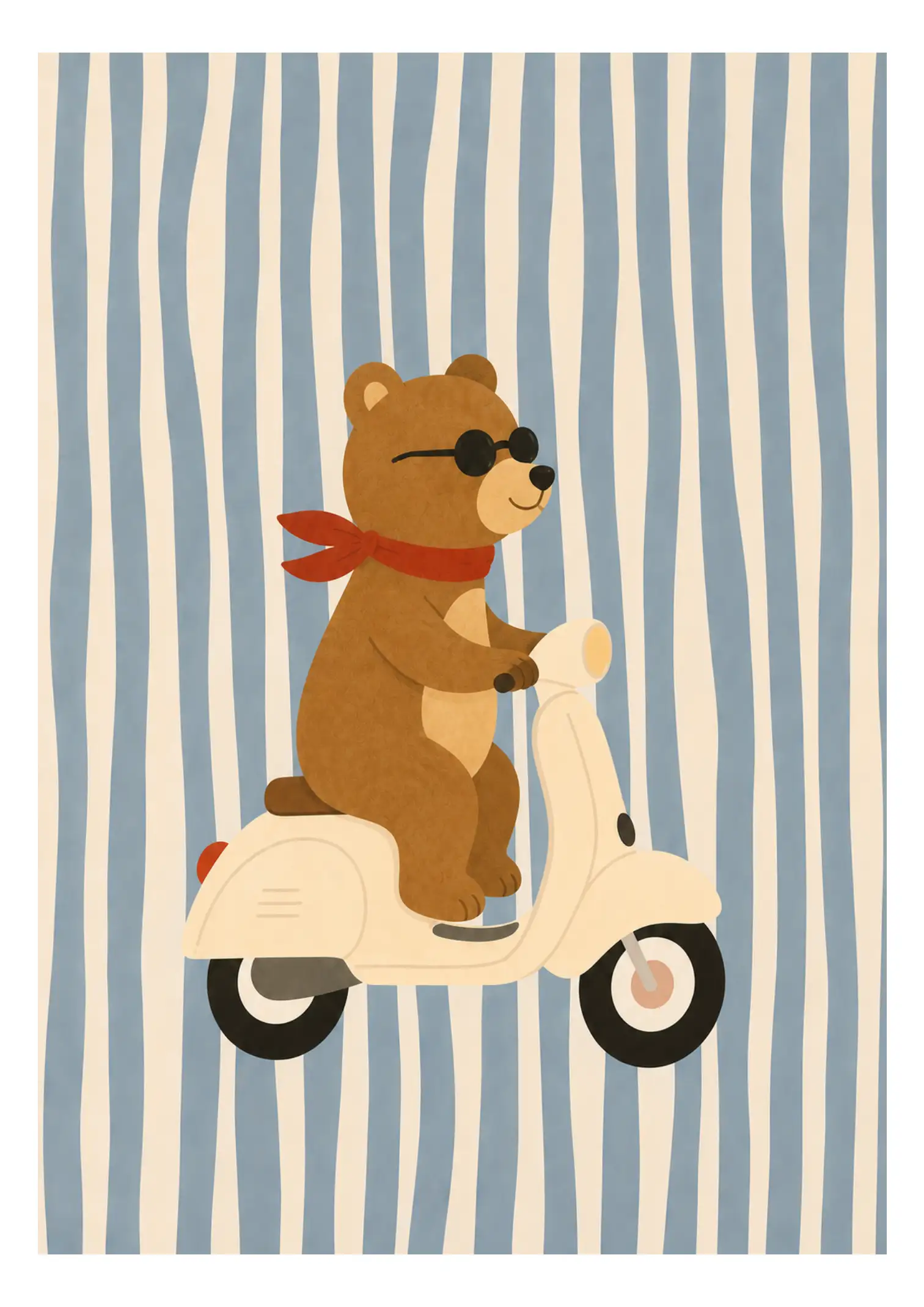 Brown bear wearing sunglasses and a red scarf while riding a vintage white scooter