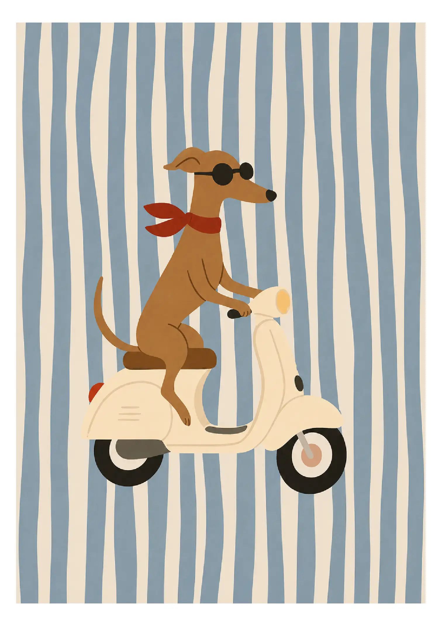 Dog riding a vintage scooter