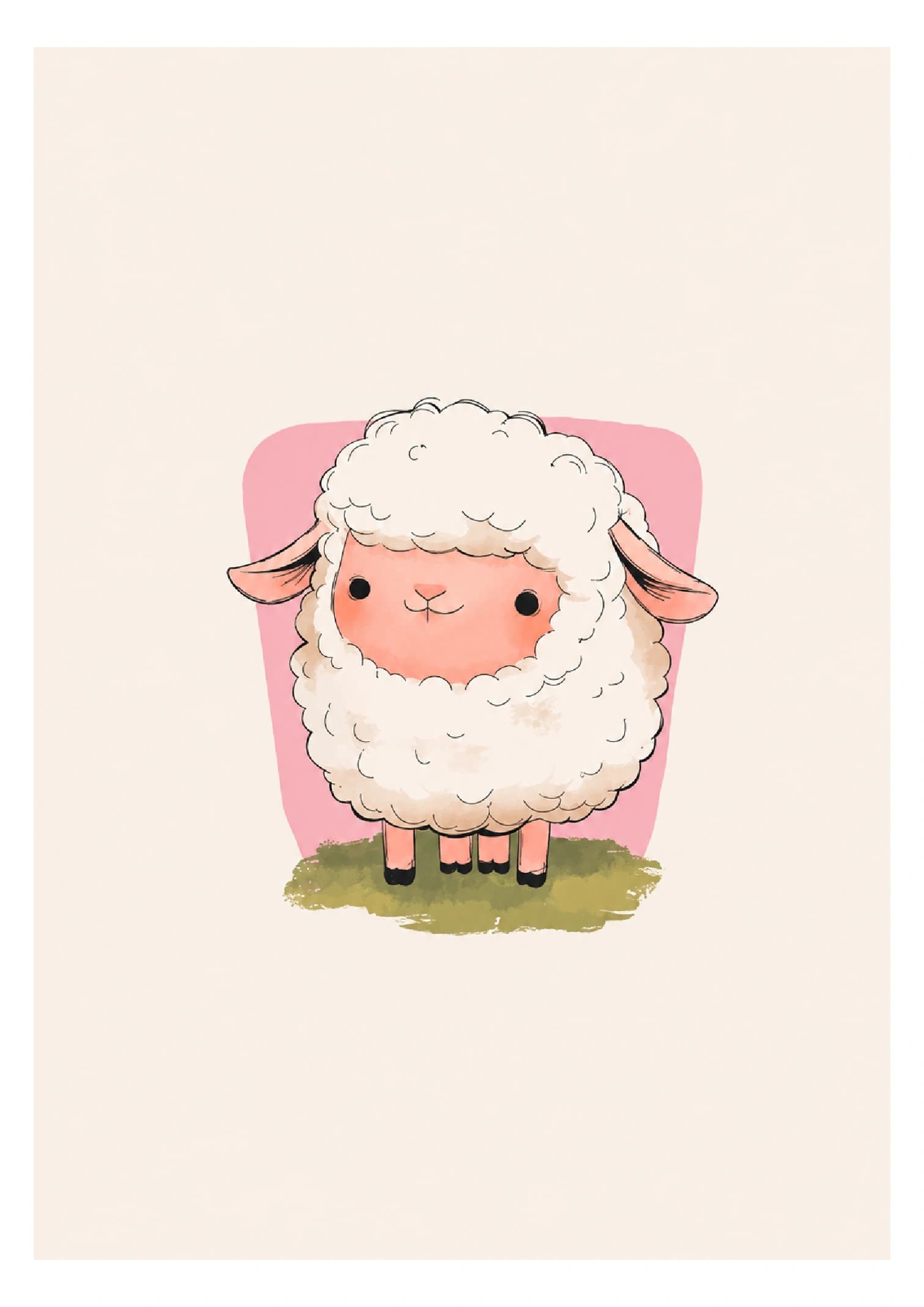 Cute fluffy white baby sheep with a pink face standing on grass