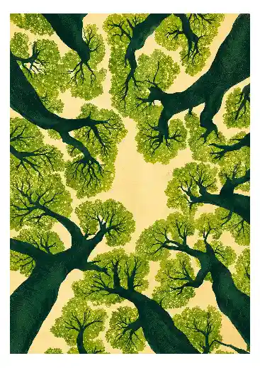Upward view of tall green trees and leafy canopies against a warm sky