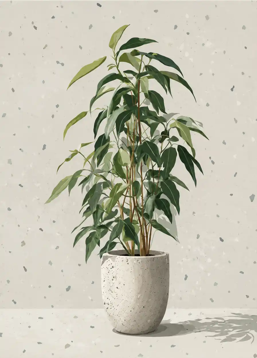 Tall green indoor plant in a textured white pot against a minimal speckled background