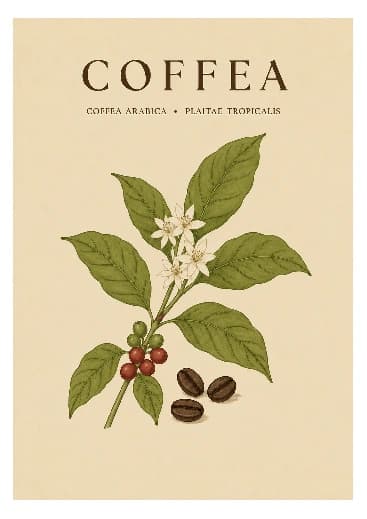 Vintage botanical illustration of an Arabica coffee plant with leaves, flowers, red coffee cherries and roasted beans