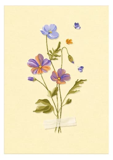 Delicate purple wildflower bouquet with butterflies on a soft yellow background