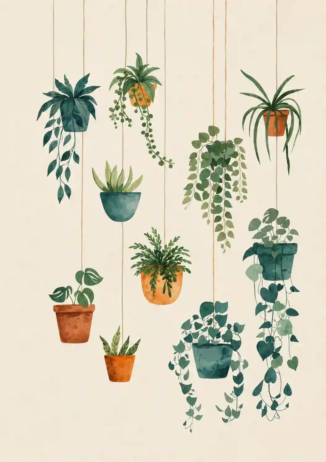 Illustration of assorted green houseplants in colourful hanging pots on a cream background