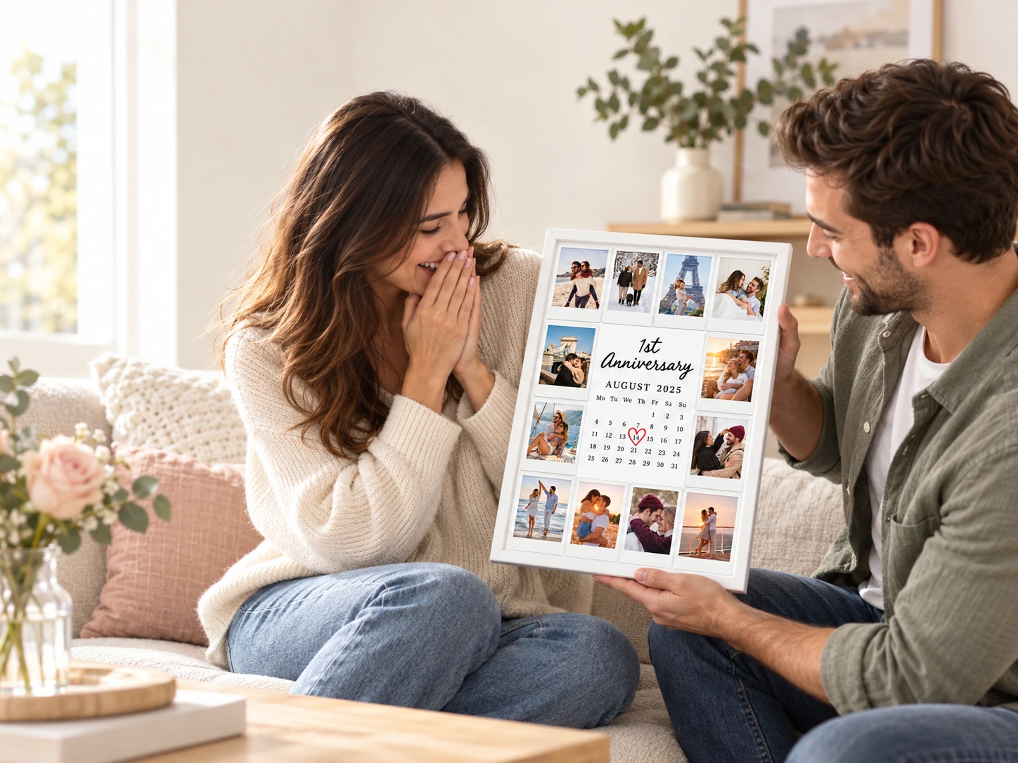 Happy anniversary photo collage with a personalised message and calendar