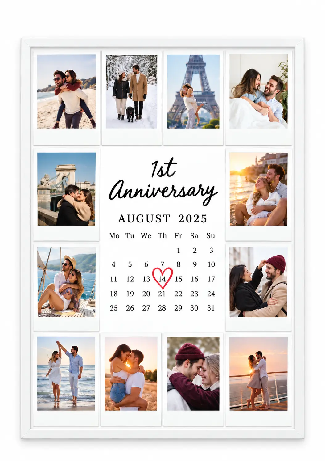 First anniversary calendar poster surrounded by twelve couple photos