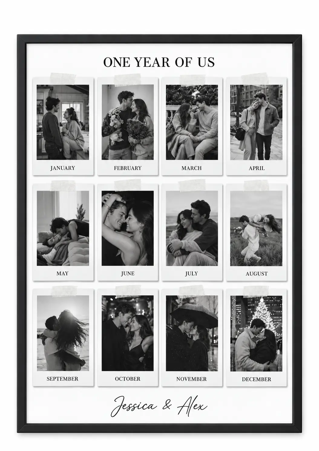 One Year of Us poster with twelve monthly couple photos