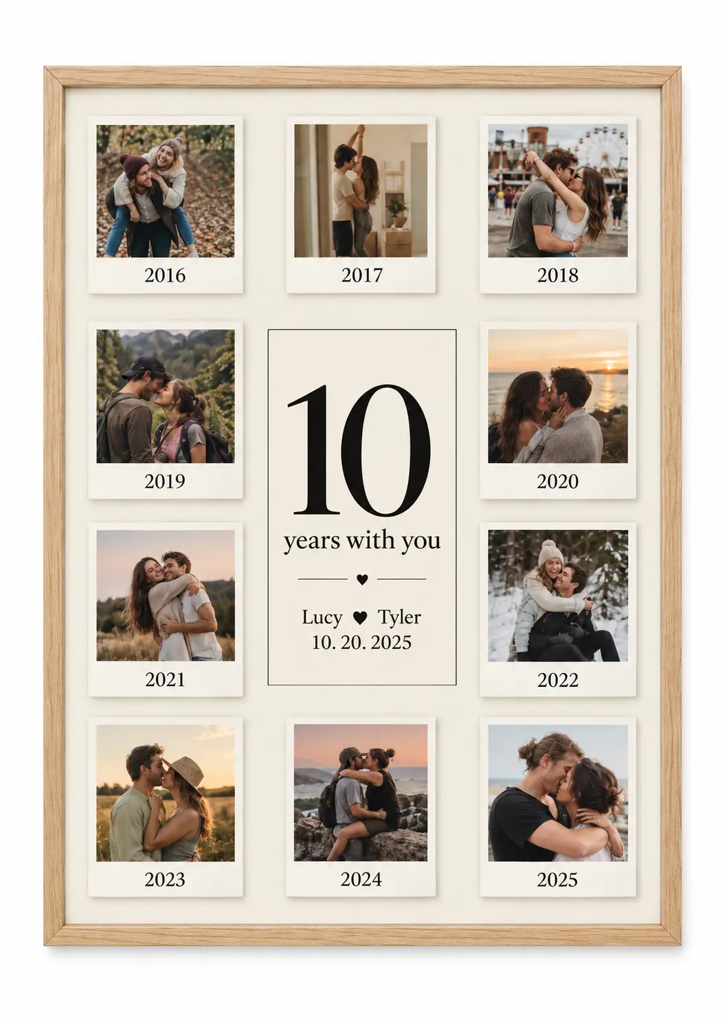 Happy Anniversary poster with photo grid, love letter, and calendar