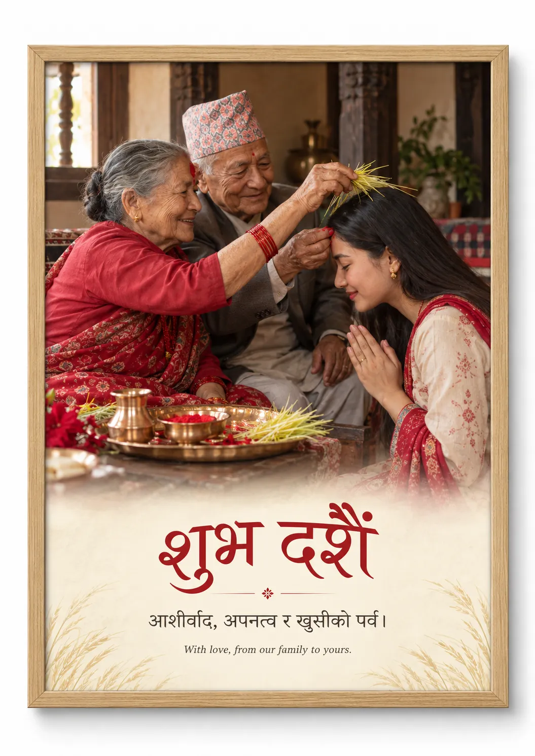 Dashain blessing poster showing elders applying tika