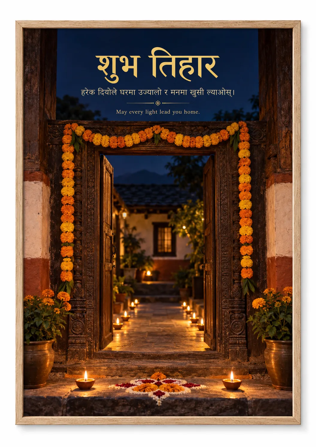 Shubh Tihar poster with marigold garlands and oil lamps
