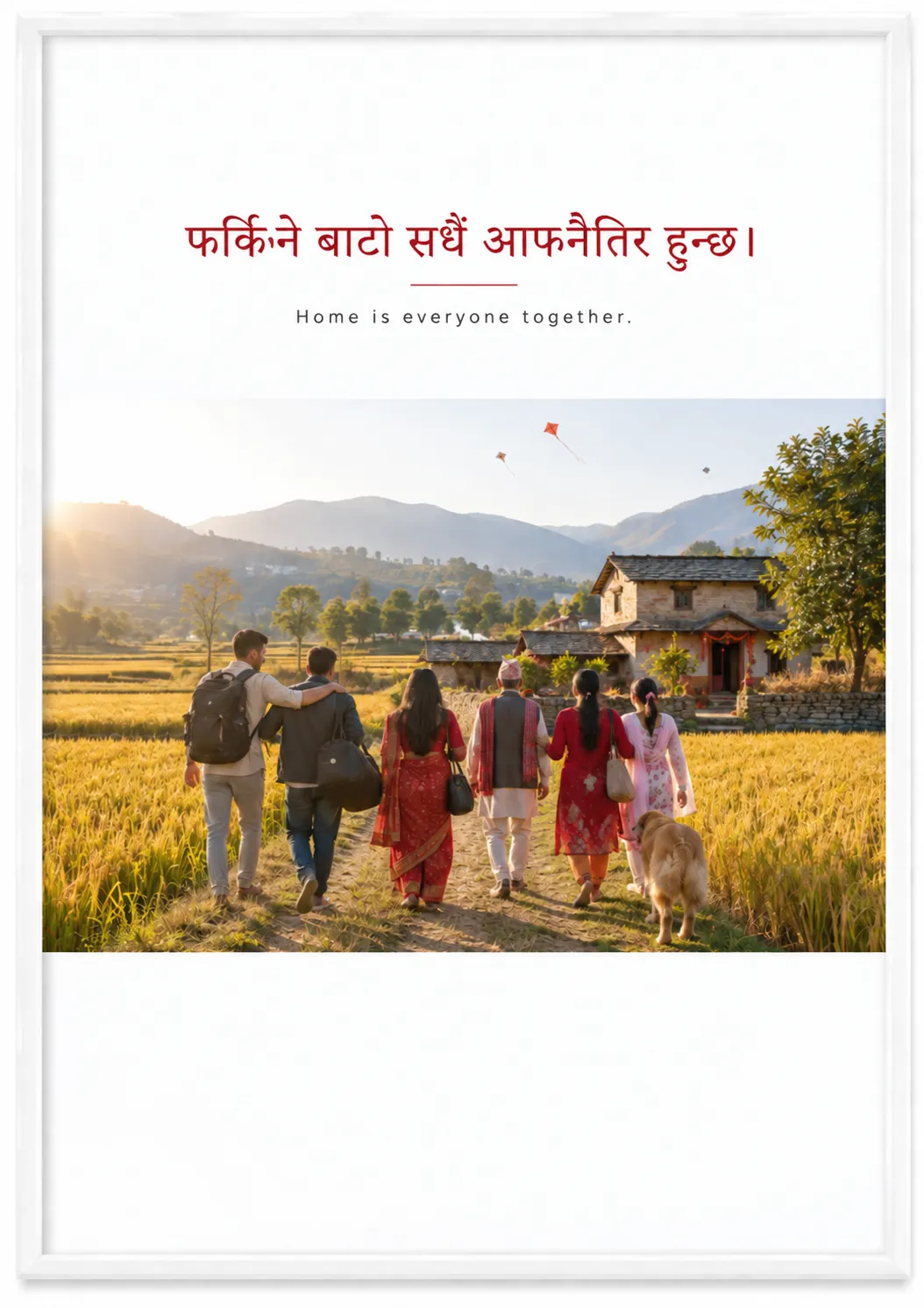 Family walking through a field beneath a festive greeting