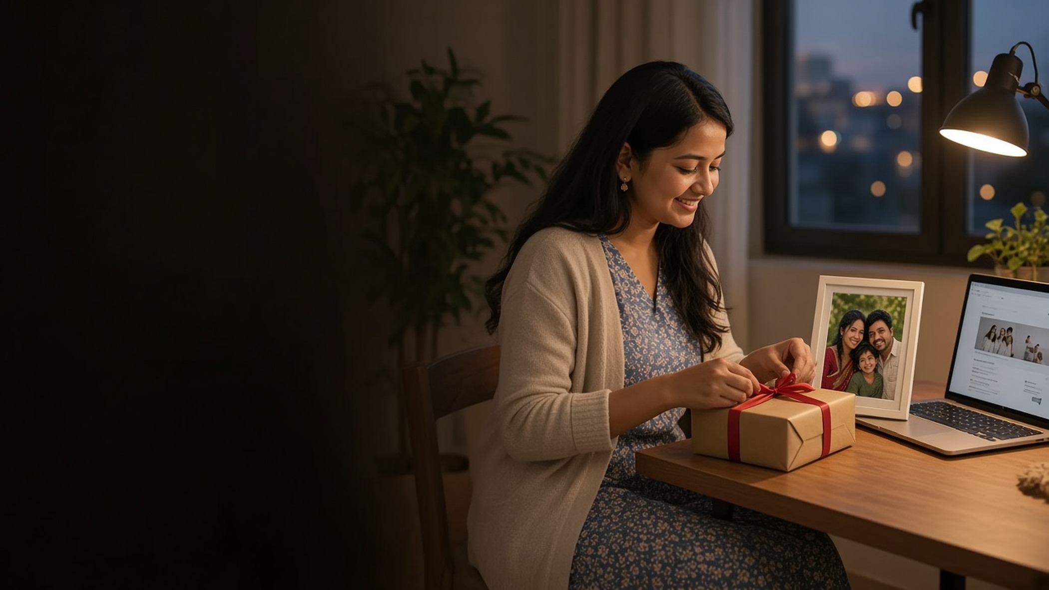 Wrapping a personalised framed photo gift to send to family in Nepal