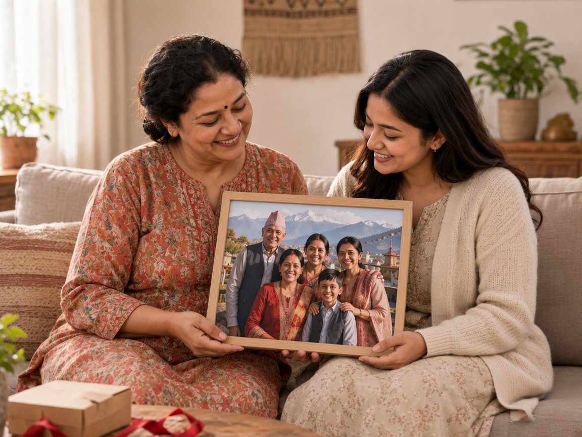 Mother and daughter in Nepal receiving a personalised framed photo gift