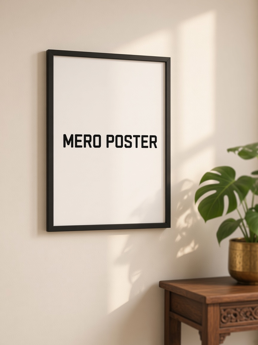 Black-framed Mero Poster print hanging on a warm living room wall